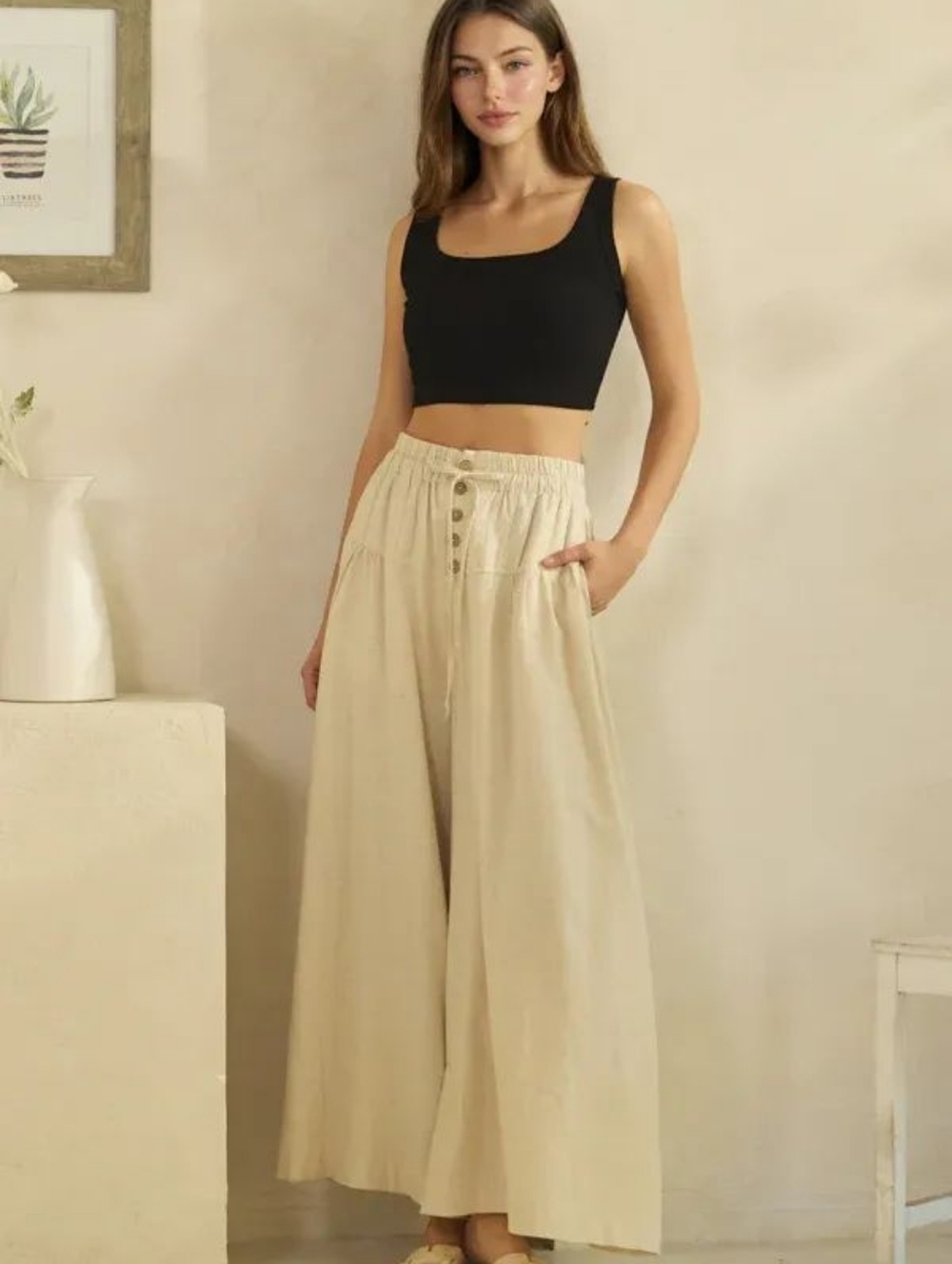 Oli & Hali Cream Wide-Leg High-Waist Button Pants